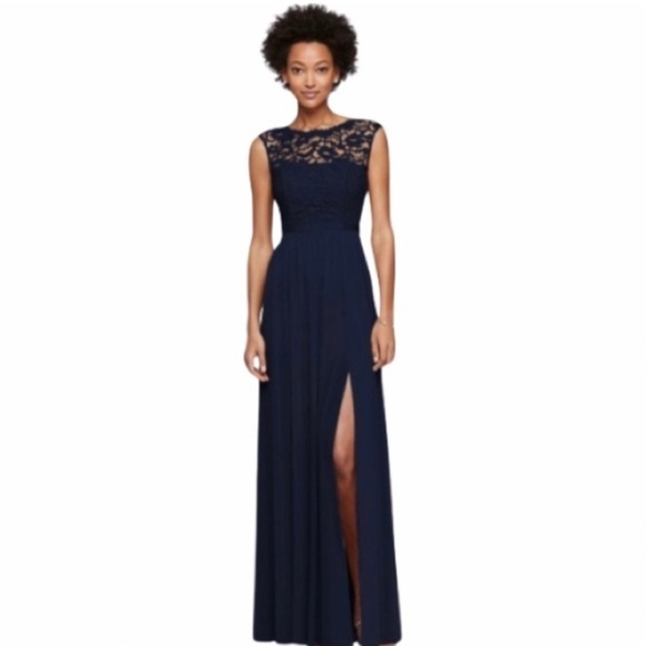 $169 David’s Bridal sleeveless long mesh dress with corded lace. Color NAVY NWT - Picture 2 of 11